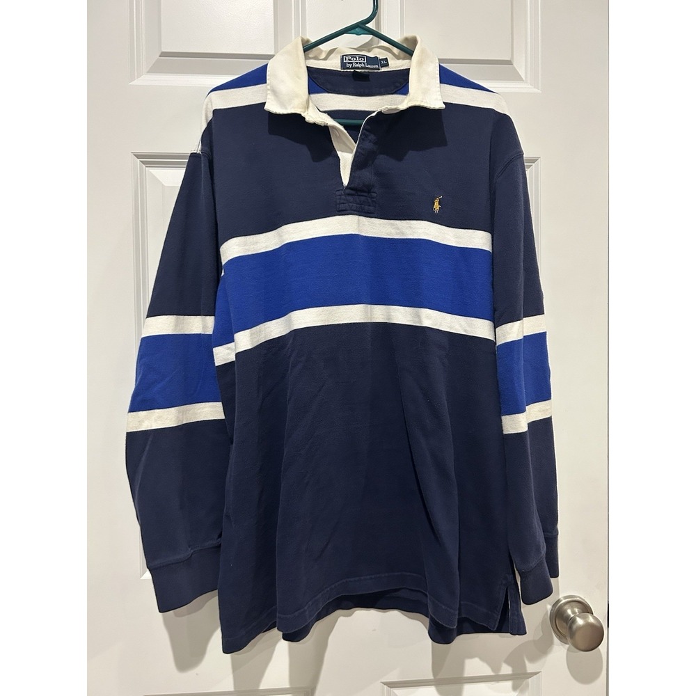 Vintage Polo Ralph Lauren Rugby Shirt Mens XL Blue Stripe Gold Pony